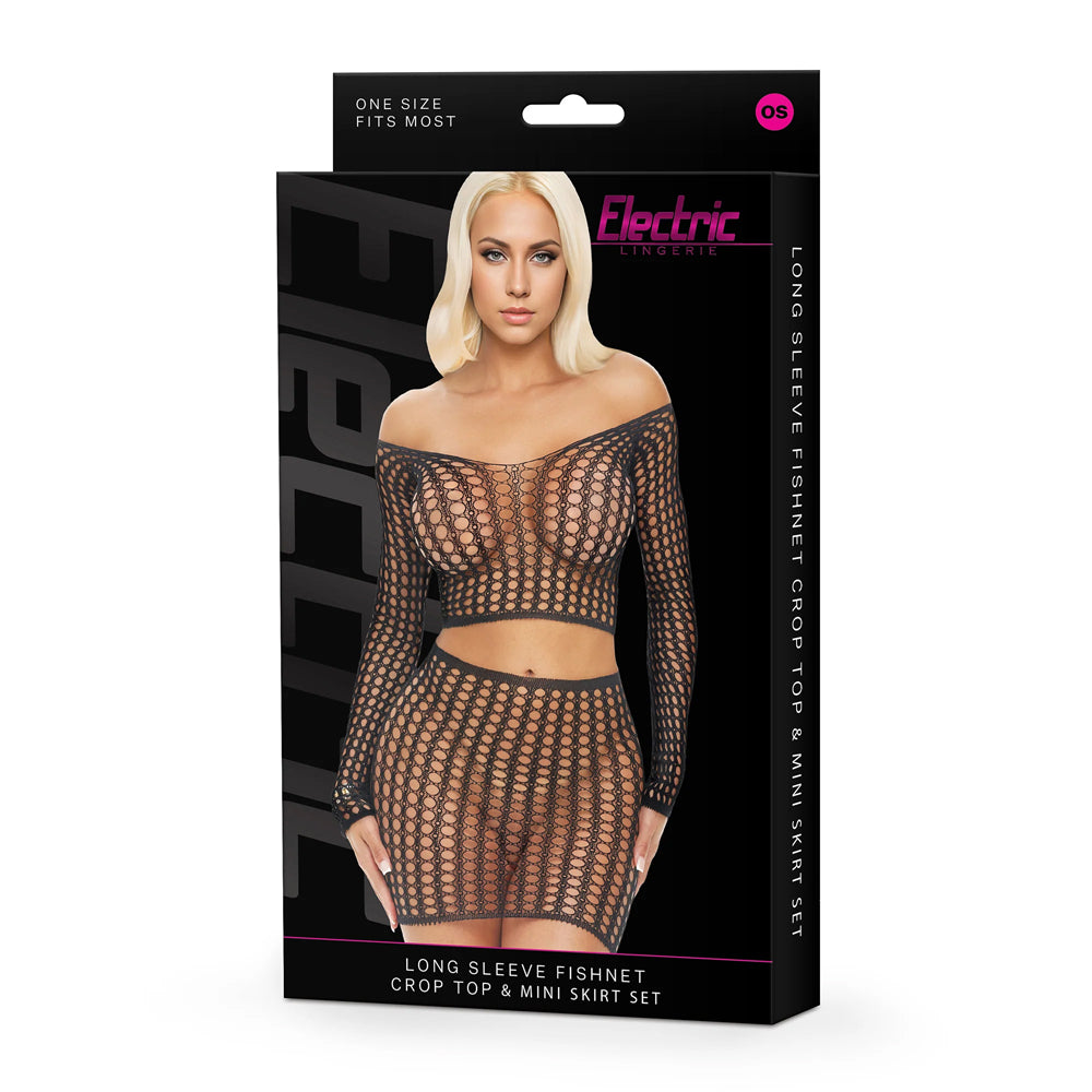 Electric Lingerie Long Sleeve Fishnet Crop Top & Mini Skirt Set O/S | 4890808285664 | Discreet Personal Wellness