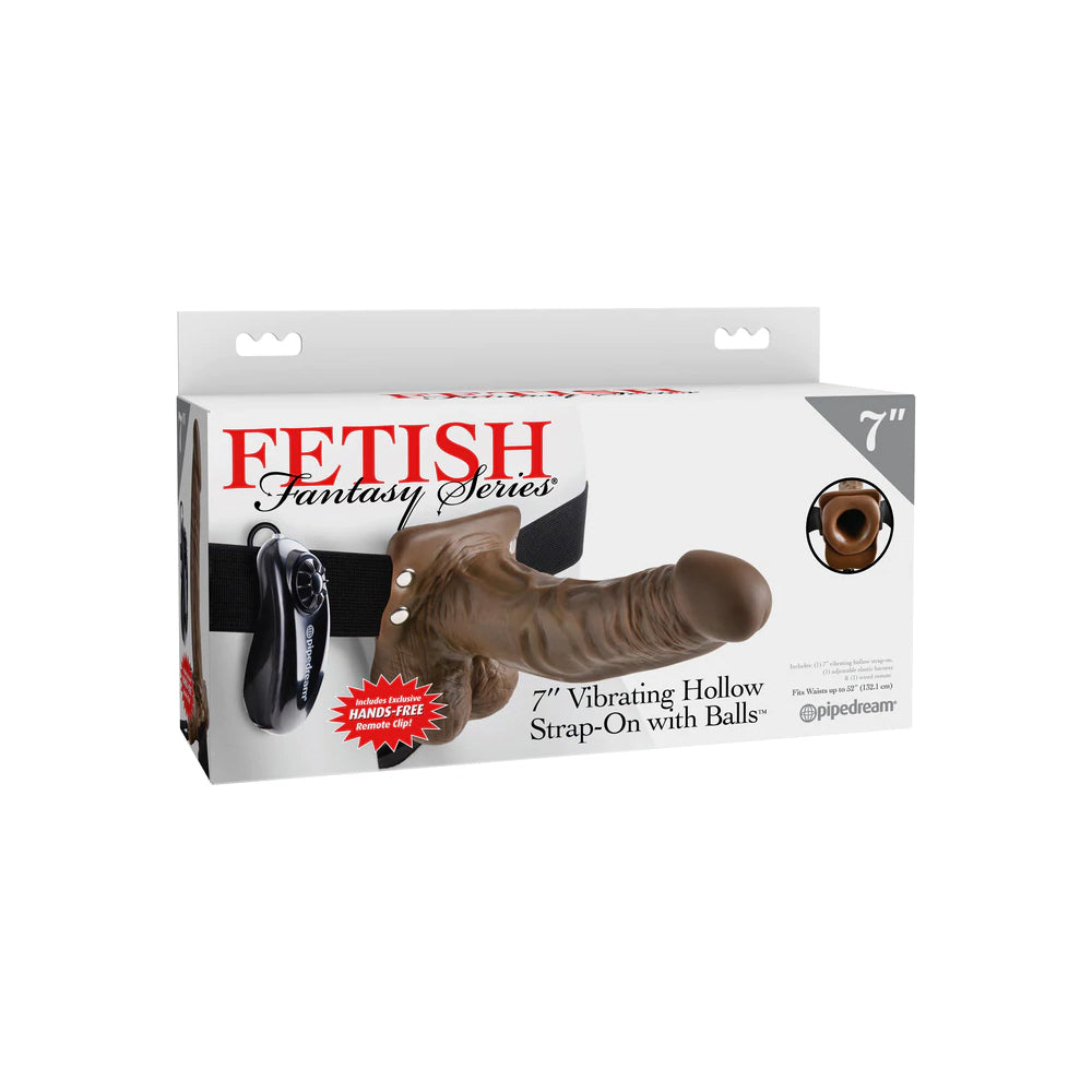 Fetish Fantasy Series 7" Vibrating Hollow Strap-On With Balls Brown | 603912741537 | Discreet Personal Wellness