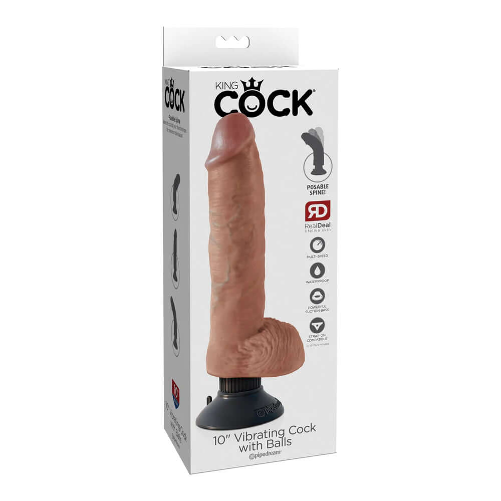 King Penis 10" Vibrating Penis With Balls Tan | 603912753325 | Discreet Personal Wellness