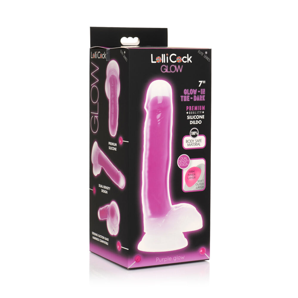 LolliPenis 7'' Glow-In-The-Dark Silicone Dildo W/ Balls Purple | 653078943528 | Discreet Personal Wellness