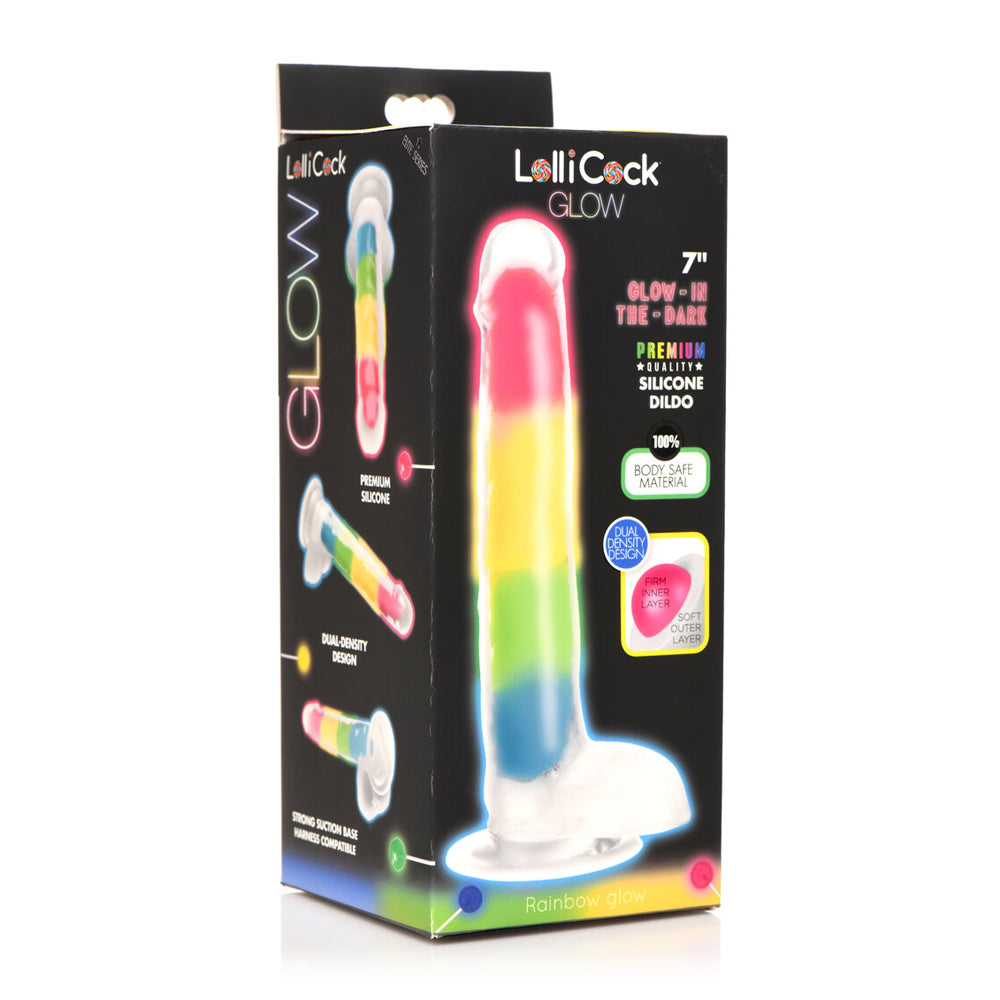LolliPenis 7" Glow-In-The-Dark Rainbow Silicone Dildo W/ Balls | 653078943733 | Discreet Personal Wellness