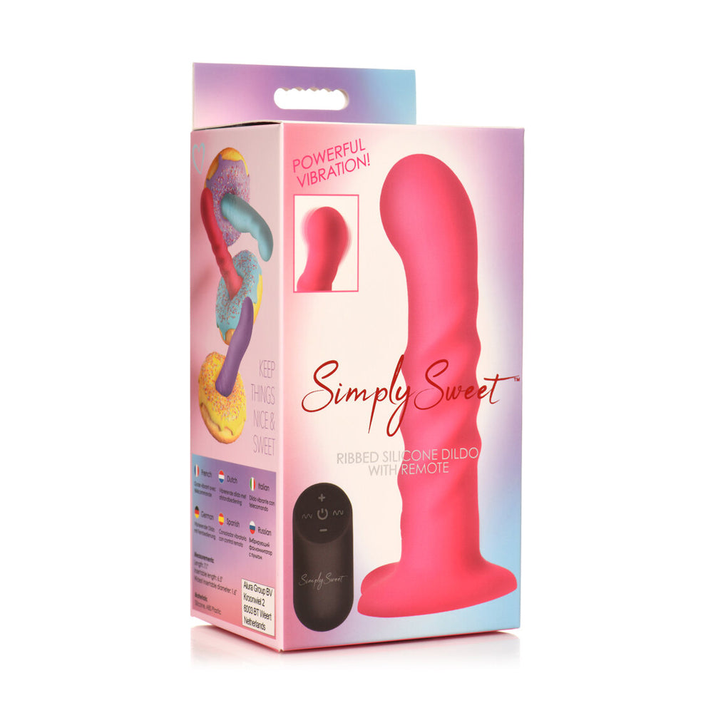 Simply Sweet 21X Vibrating Ribbed Silicone Dildo With Remote Pink | 653078944105 | Discreet Personal Wellness