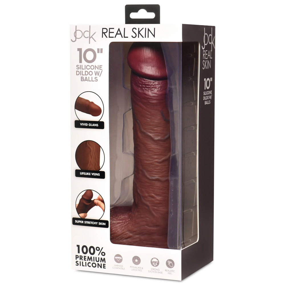 Jock Real Skin 10" Silicone Dildo W/ Balls Dark | 653078944808 | Discreet Personal Wellness