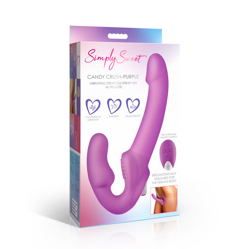 Simply Sweet Candy Crush Purple Vibrating Strapless Strap-On W/ Remote | 653078944907 | Discreet Personal Wellness