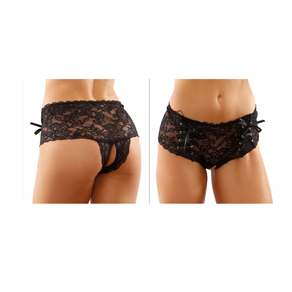 Magnolia Crotchless Boyshort With Lace-Up Panels S/M | 657447309786 | Discreet Personal Wellness