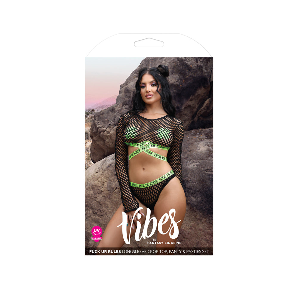 fun Ur Rules Long Sleeve Crop Top, Panty & Pasties L/Xl | 657447311116 | Discreet Personal Wellness