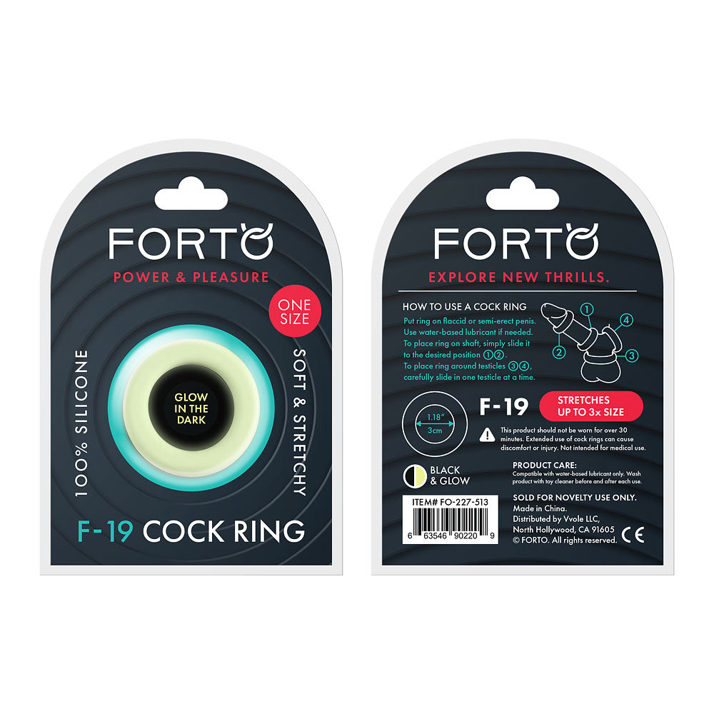 F-19: 100% Liquid Silicone 2 Tone C-Ring O/S Black/Glow | 663546902209 | Discreet Personal Wellness