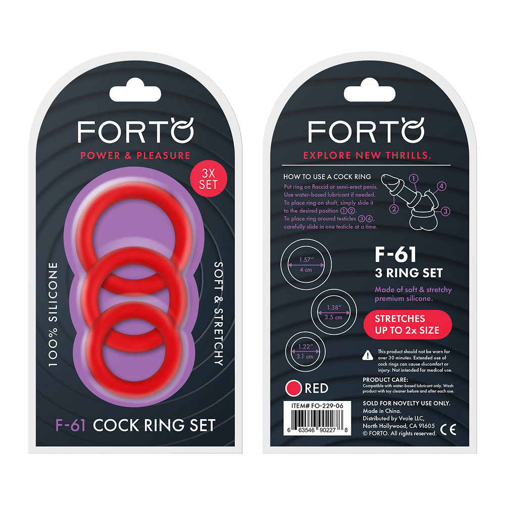 F-61: 3 Piece C-Ring Set 100% Silicone O/S Red | 663546902278 | Discreet Personal Wellness