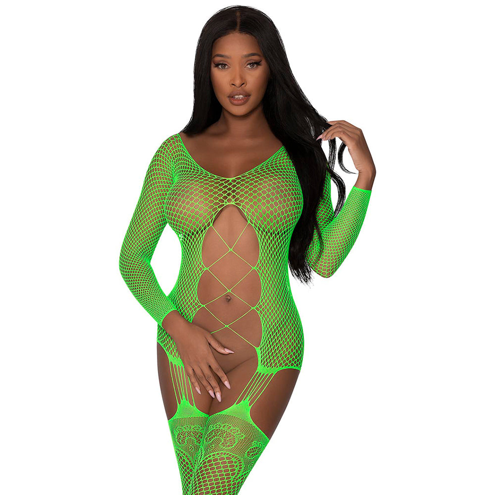 Fishnet Gartered Catsuit Lime One Size | 671241116159 | Discreet Personal Wellness