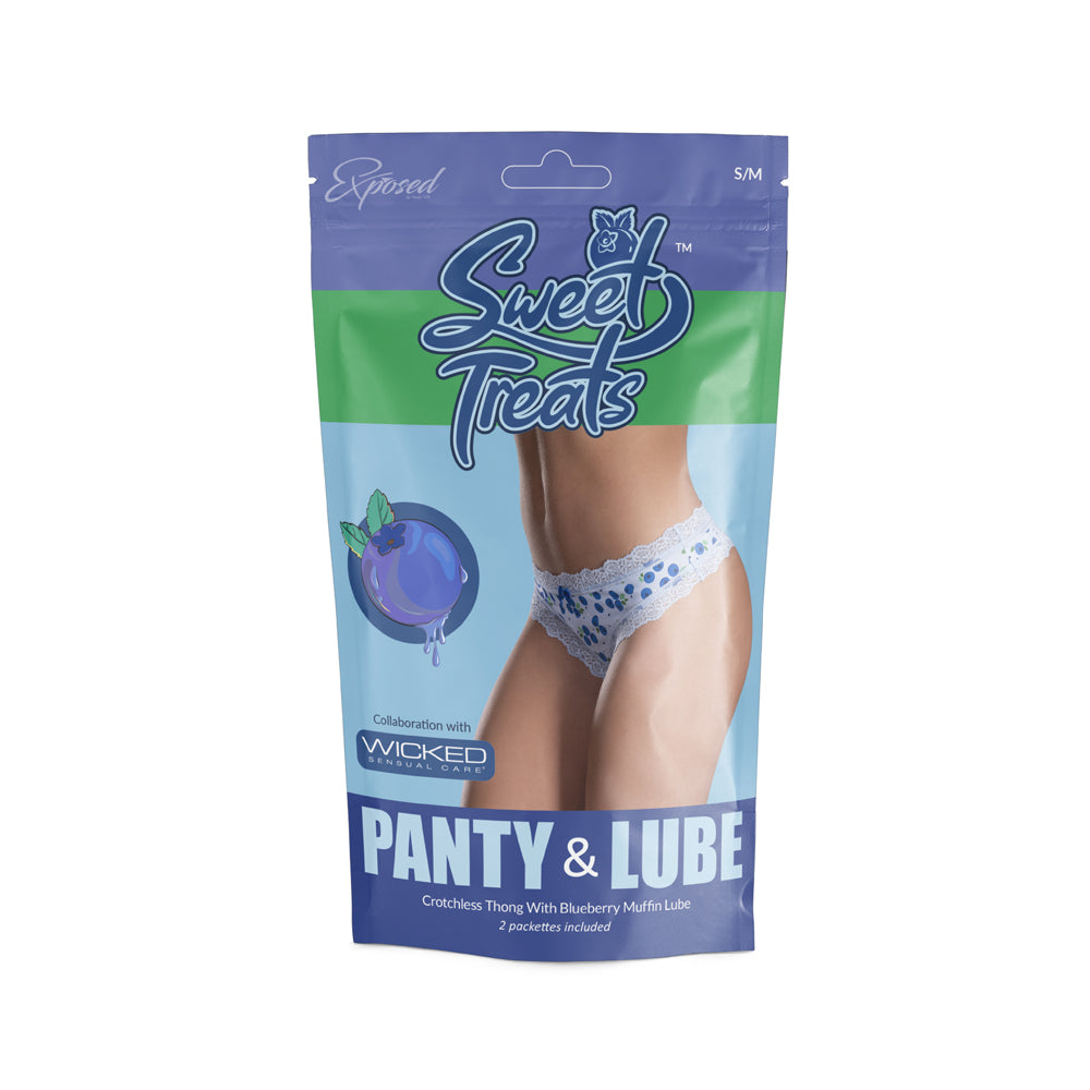 Sweet Treats Crotchless Thong W/ Lube Blueberry L/X | 671241123591 | Discreet Personal Wellness