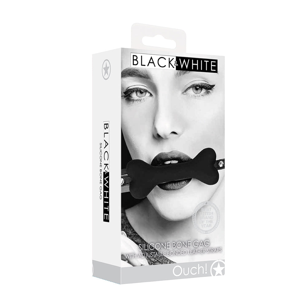 Ouch! Black & White Silicone Bone Gag With Adjustable Bonded Leather Straps | 7423522575574 | Discreet Personal Wellness