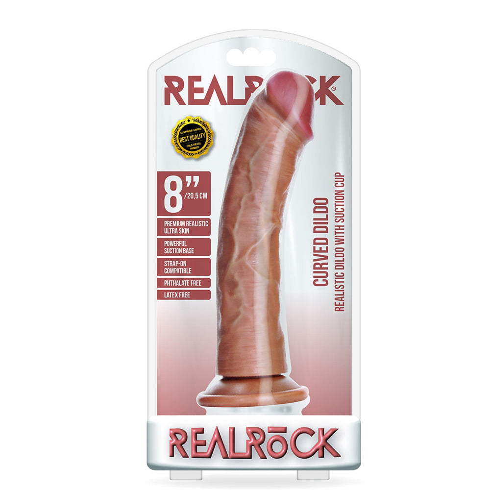 Curved Realistic Dildo Without Balls With Suction Cup 8'' Tan | 7423522626665 | Discreet Personal Wellness
