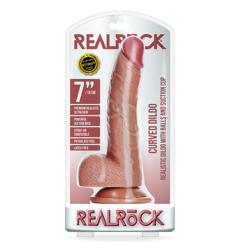 Curved Realistic Dildo With Balls And Suction Cup 7'' Tan | 7423522627693 | Discreet Personal Wellness