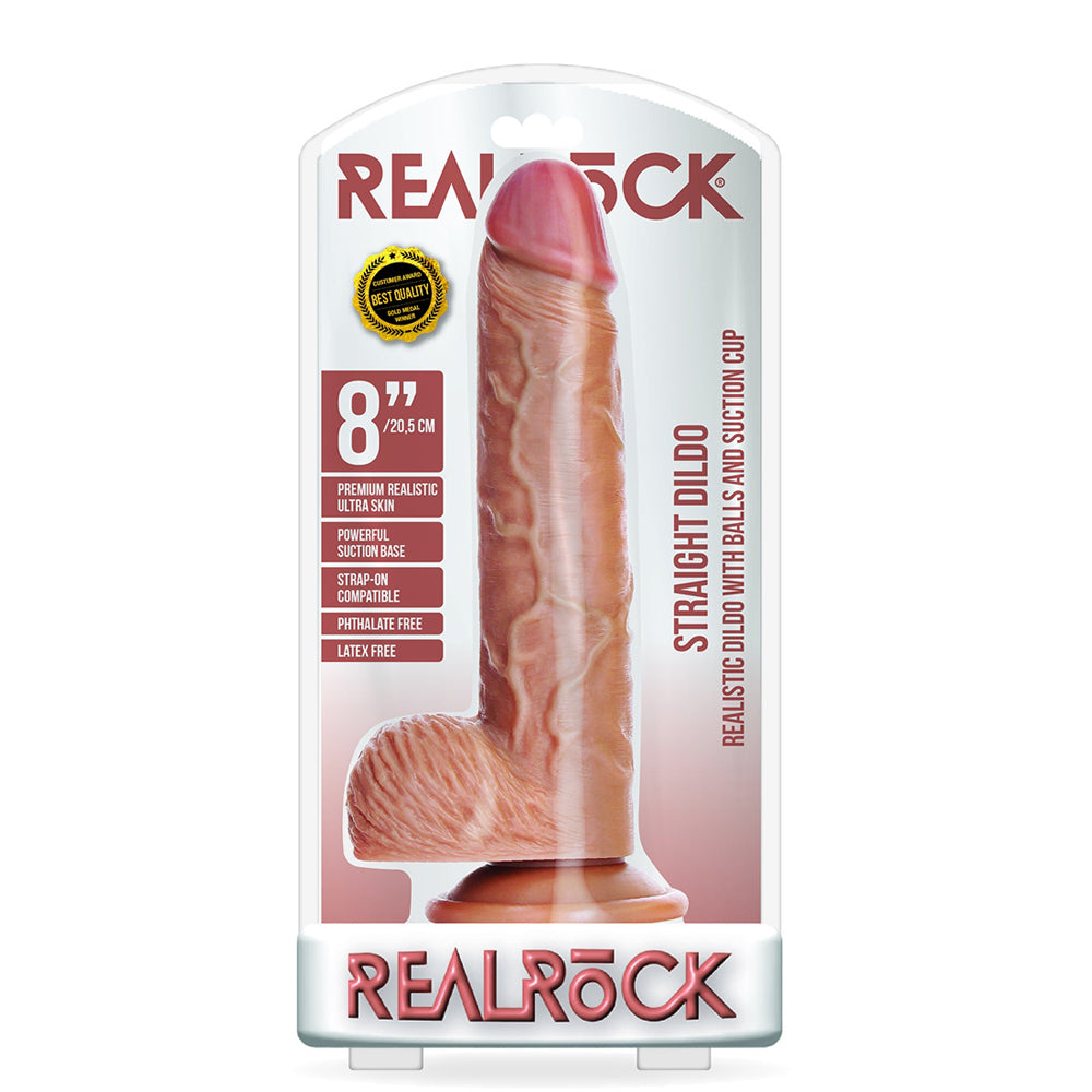 Straight Realistic Dildo With Balls And Suction Cup 8'' Tan | 7423522628676 | Discreet Personal Wellness