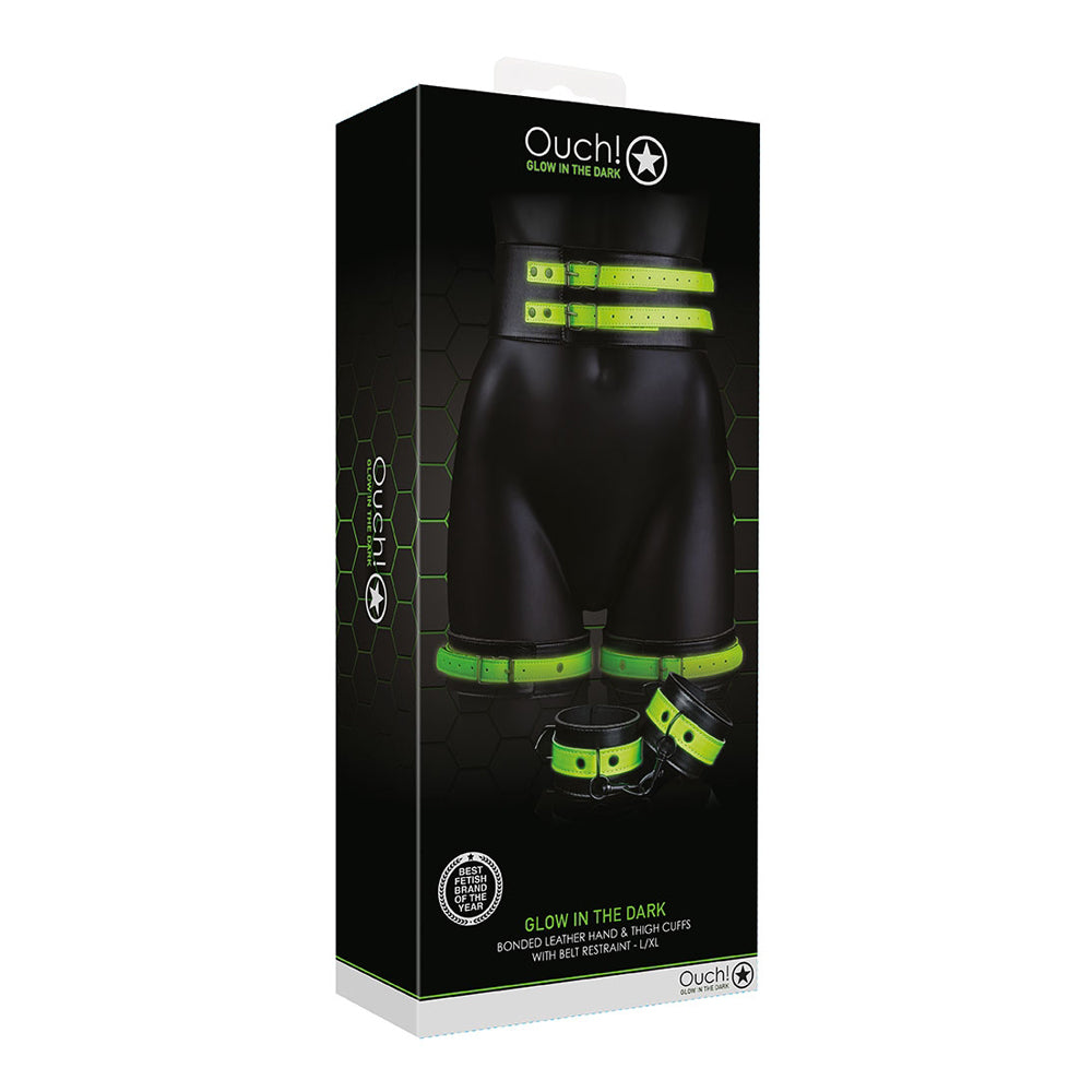 Ouch! Thigh Cuffs With Belt And Handcuffs Glow In The Dark L/Xl | 7423522652671 | Discreet Personal Wellness