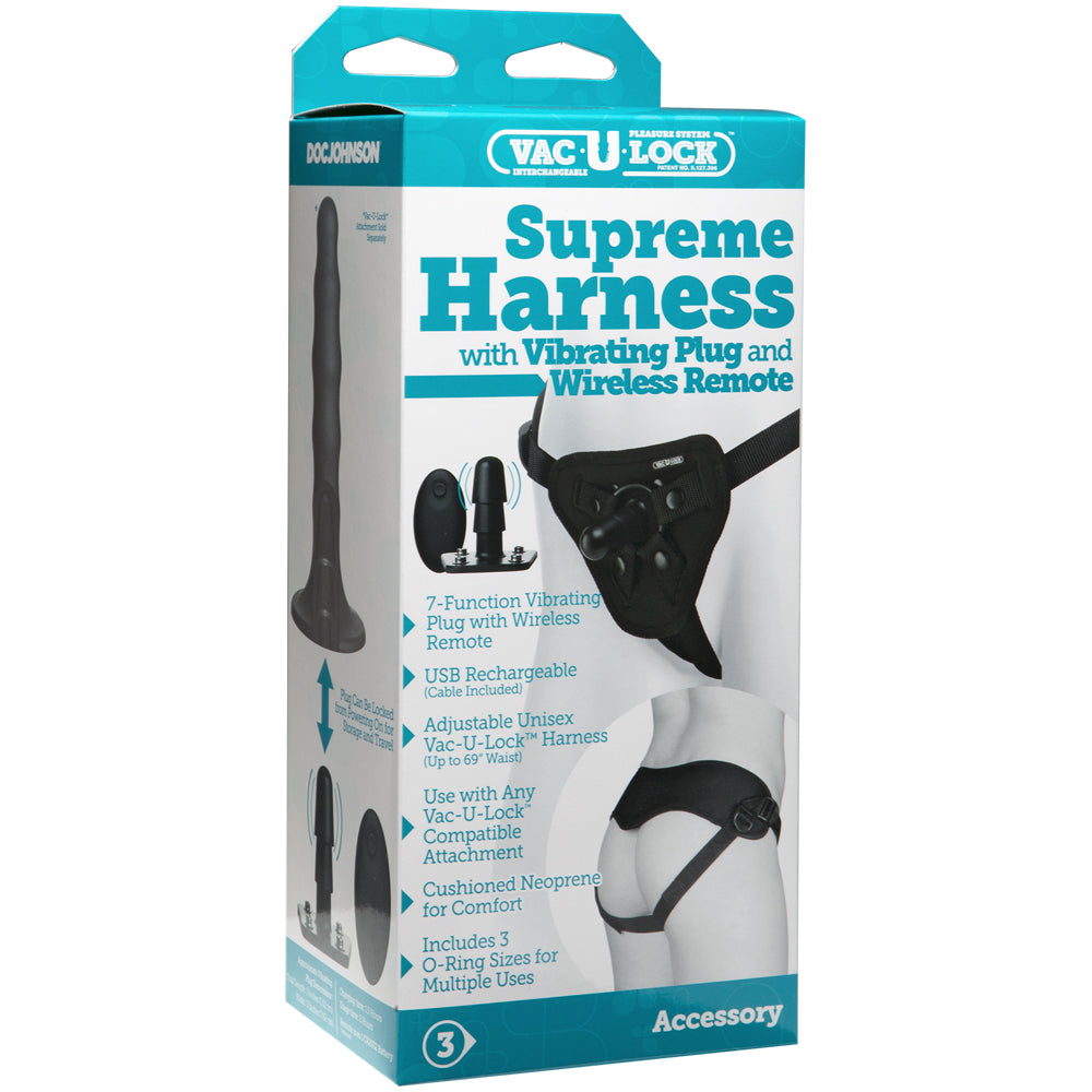 Vac-U-Lock Supreme Harness With Vibrating Plug Black | 782421069407 | Discreet Personal Wellness