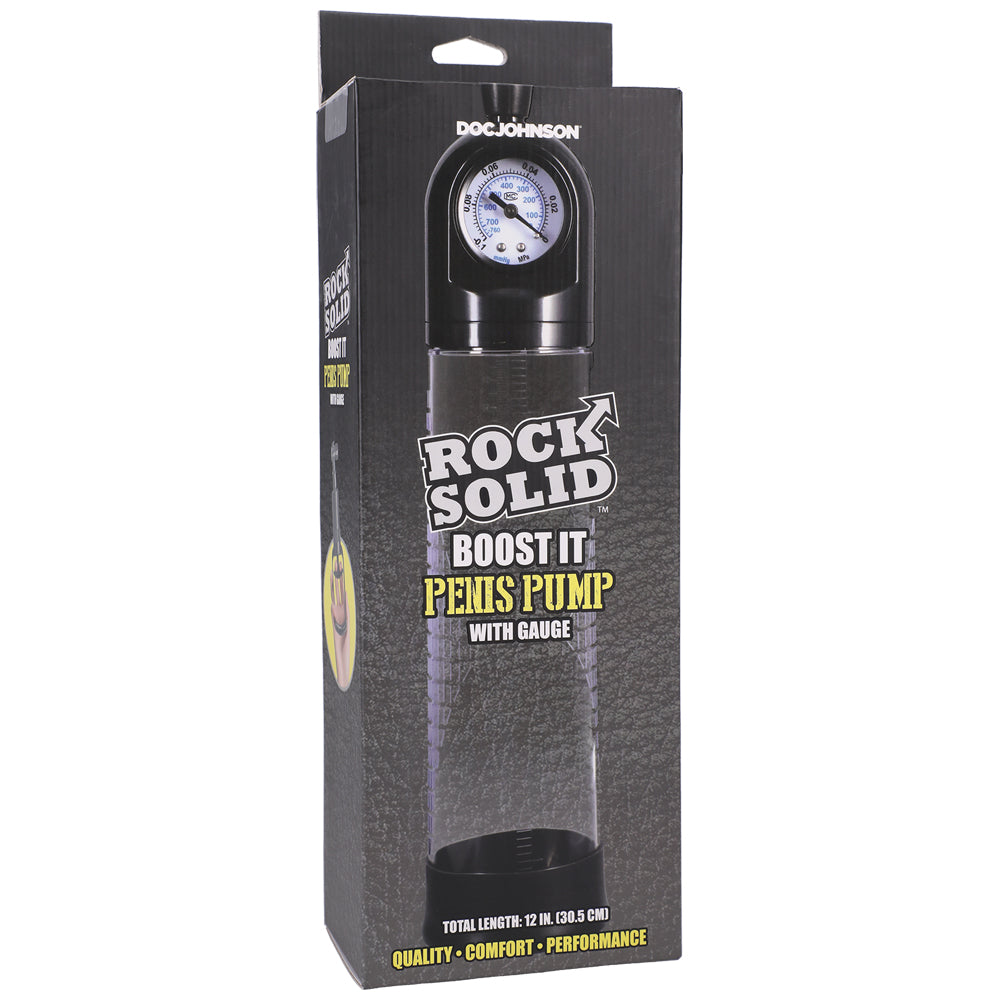Rock Solid Boost It Penis Pump With Gauge Black/Clear | 782421086480 | Discreet Personal Wellness