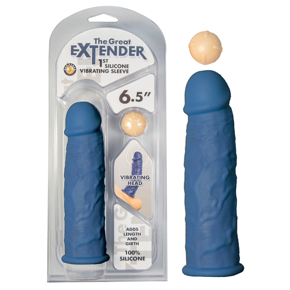 The Great Extender 1st Silicone Vibrating Sleeve 6.5 Blue | 782631295924 | Discreet Personal Wellness
