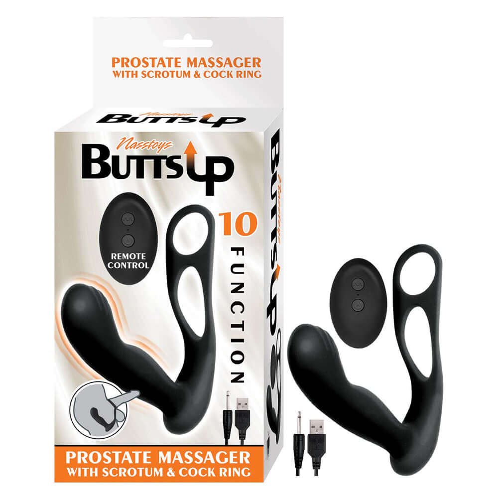 Butts Up Prostate Massager W/Scrotum & Penis Ring Black | 782631305906 | Discreet Personal Wellness