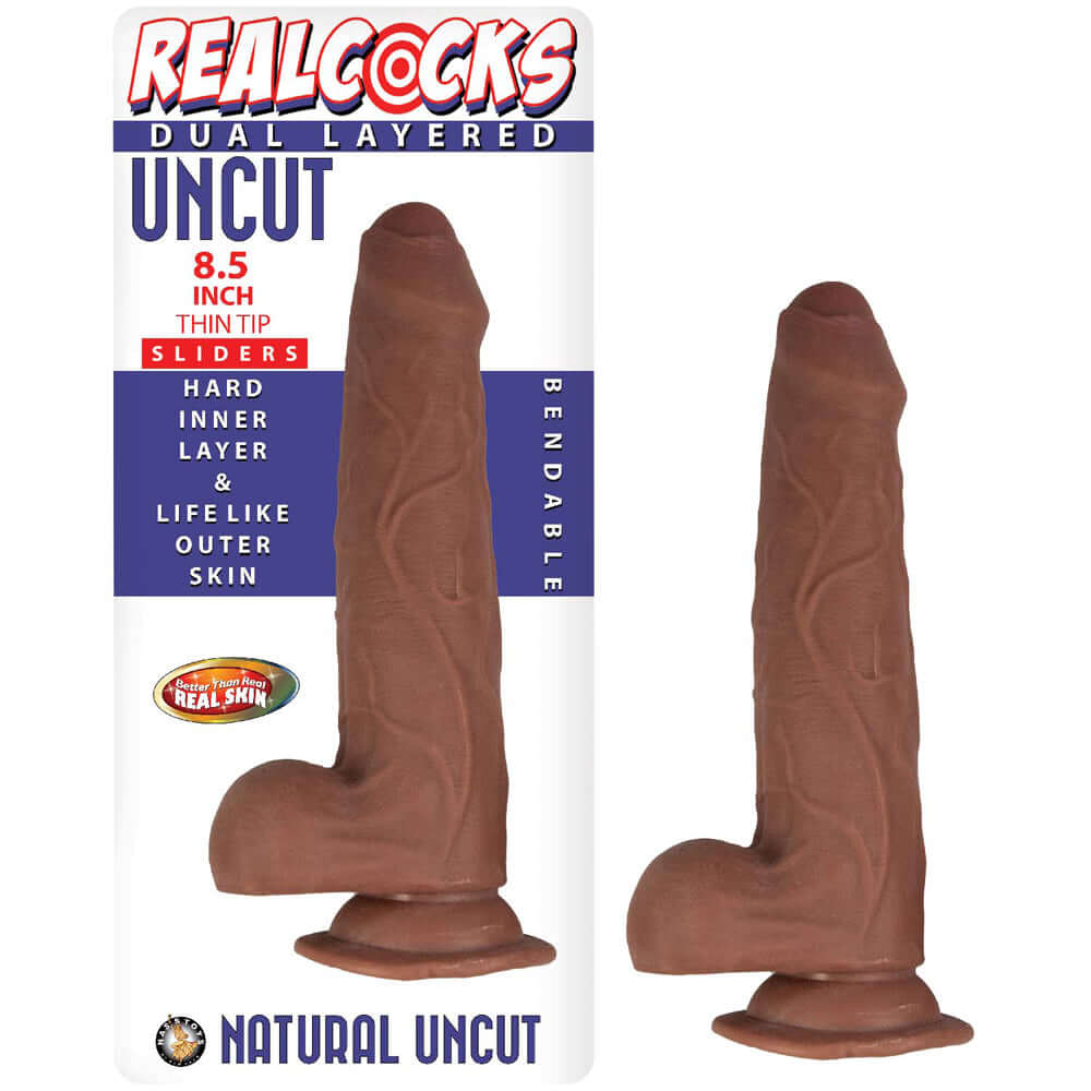 RealPenis Dual Layered Uncut Slider 8.5" Thin Tip Brown | 782631306521 | Discreet Personal Wellness