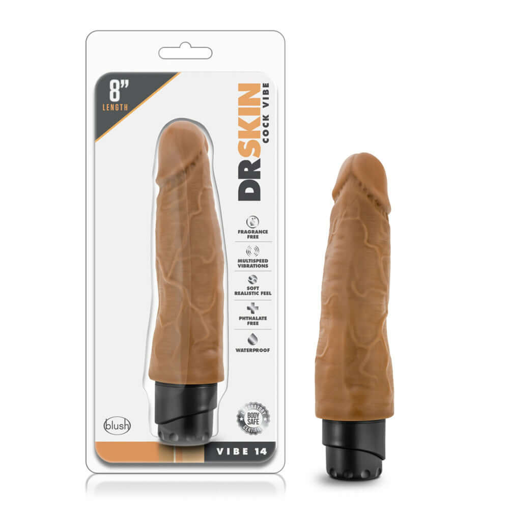 Dr. Skin Penis Vibe 14 8" Vibrating Penis Mocha | 819835021254 | Discreet Personal Wellness