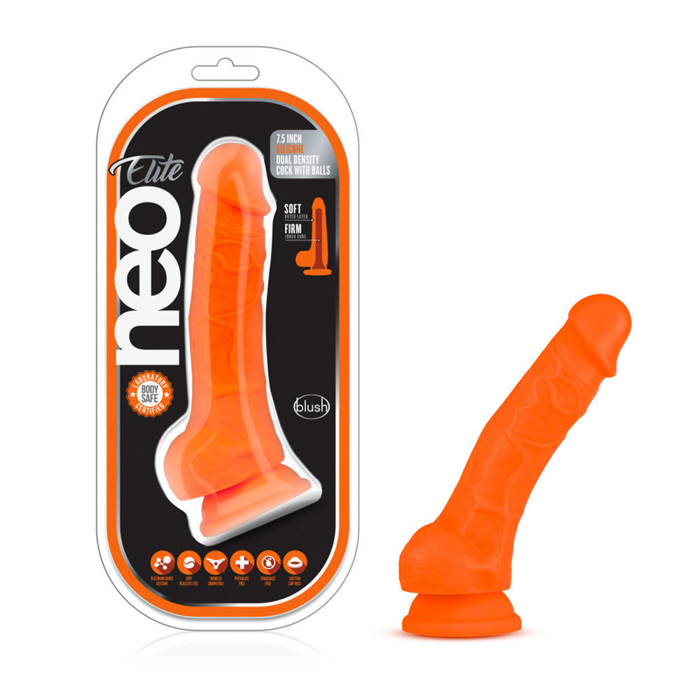 Neo Elite 7.5" Silicone Dual Density Penis With Balls Neon Orange | 819835022091 | Discreet Personal Wellness