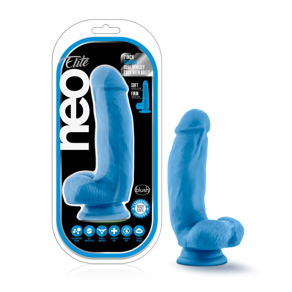 Neo Elite 7" Silicone Dual Density Penis With Balls Neon Blue | 819835022138 | Discreet Personal Wellness