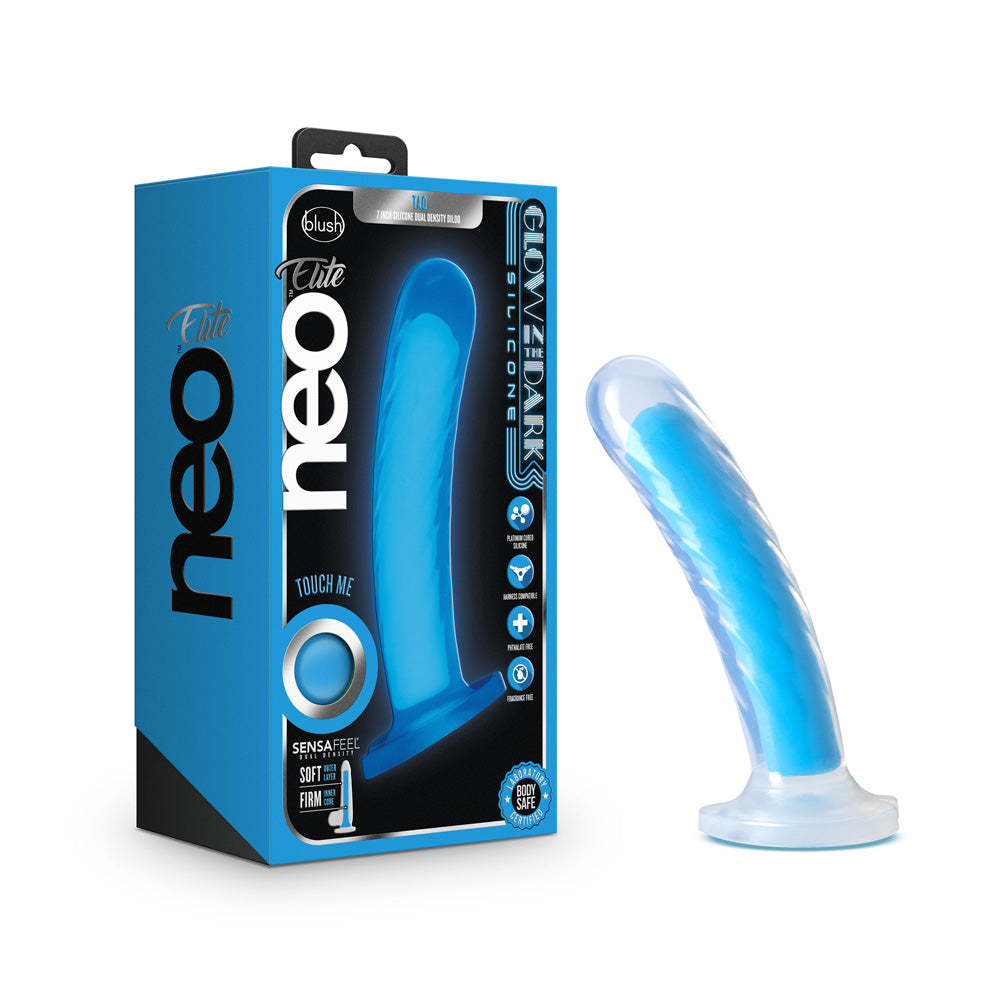 Neo Elite Glow In The Dark Tao 7" Silicone Dual Density Dildo Neon Blue | 819835025207 | Discreet Personal Wellness