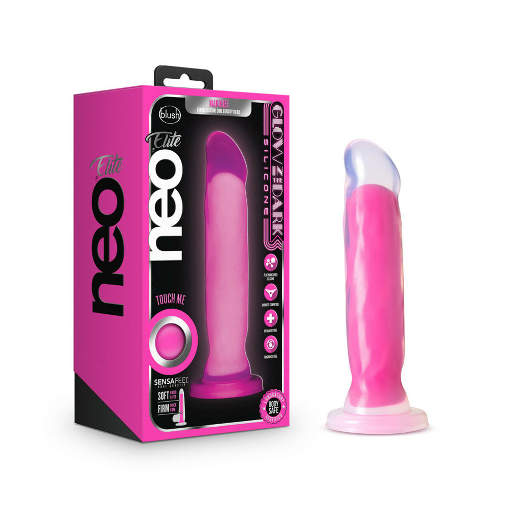 Neo Elite Glow In The Dark Marquee 8" Silicone Dual Density Dildo Neon Pink | 819835025221 | Discreet Personal Wellness