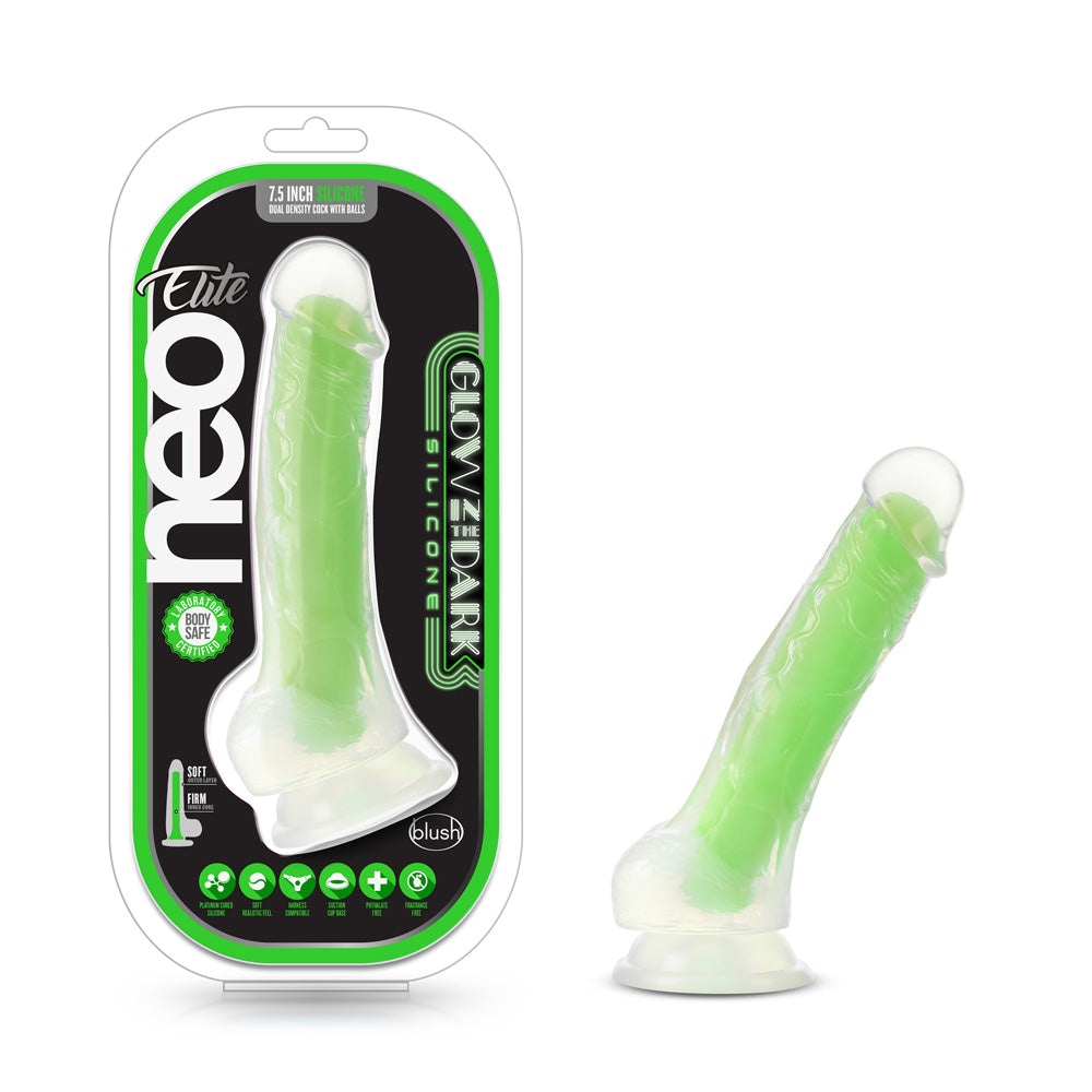 Neo Elite Glow In The Dark 7.5" Silicone Dual Density Penis With Balls Neon Green | 819835026037 | Discreet Personal Wellness