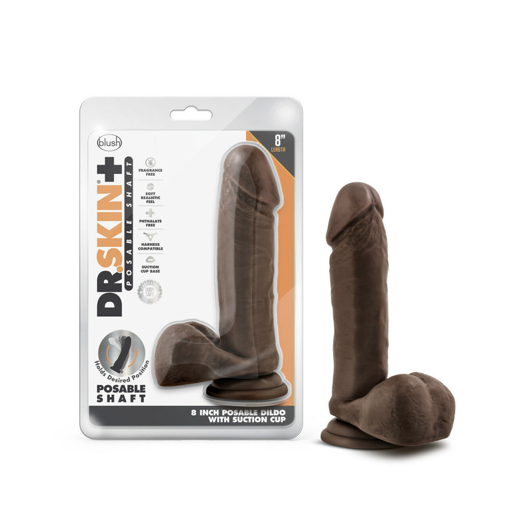 Dr. Skin Plus 8" Posable Dildo With Balls Chocolate | 819835028208 | Discreet Personal Wellness