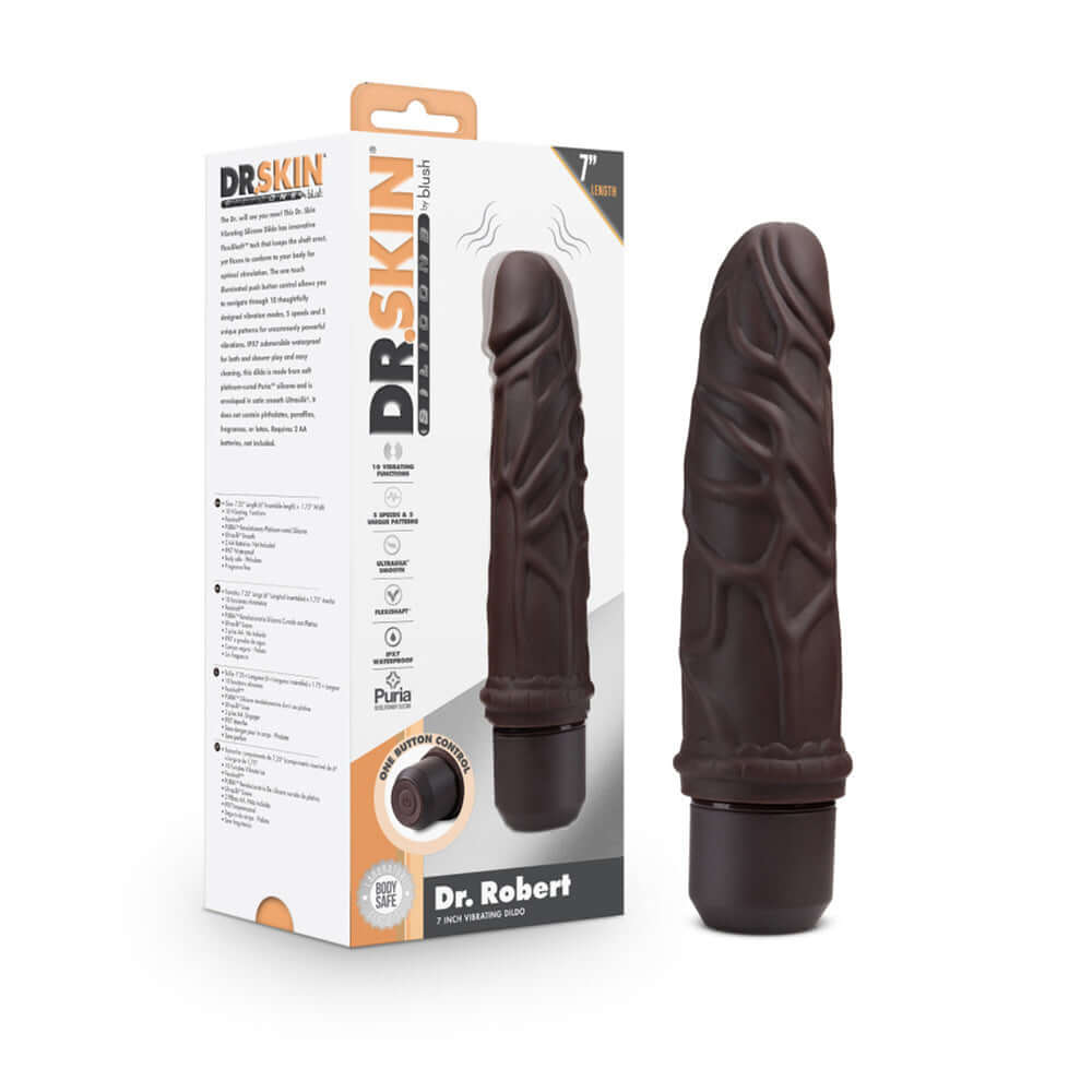Dr. Skin Silicone Dr. Robert 7'' Vibrating Dildo Brown | 819835029038 | Discreet Personal Wellness