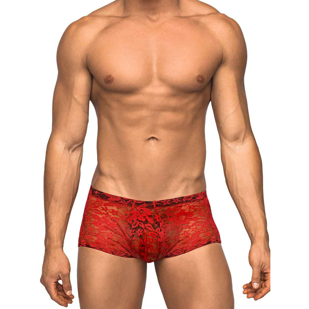 Stretch Lace Mini Short Red M | 845830074025 | Discreet Personal Wellness