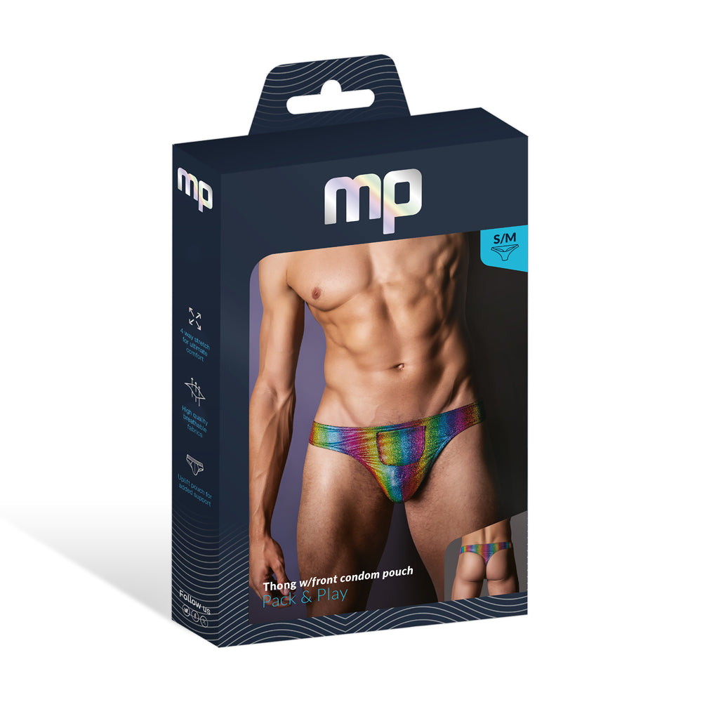 Pack & Play Thong W/ Front Condom Pouch Rainbow L/XL | 845830093934 | Discreet Personal Wellness
