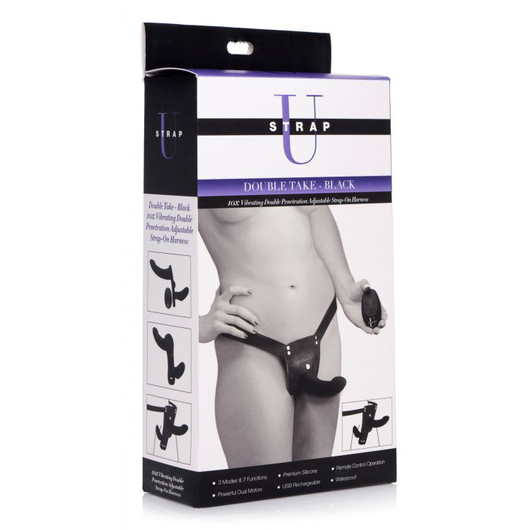 Strap U Double Take Black 10X Vibrating Double Penetration Strap-On Harness | 848518031495 | Discreet Personal Wellness