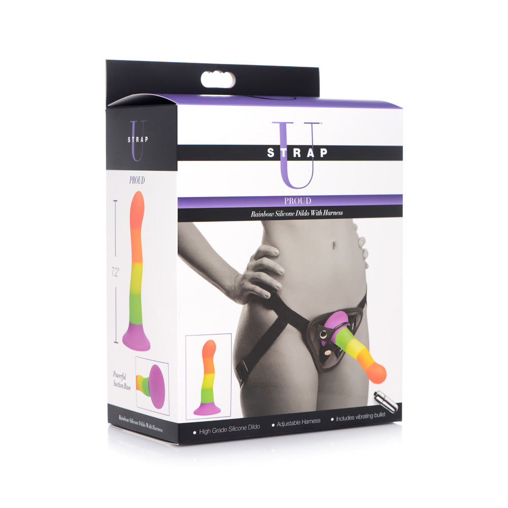Strap U Proud Rainbow Silicone Dildo With Harness | 848518034434 | Discreet Personal Wellness