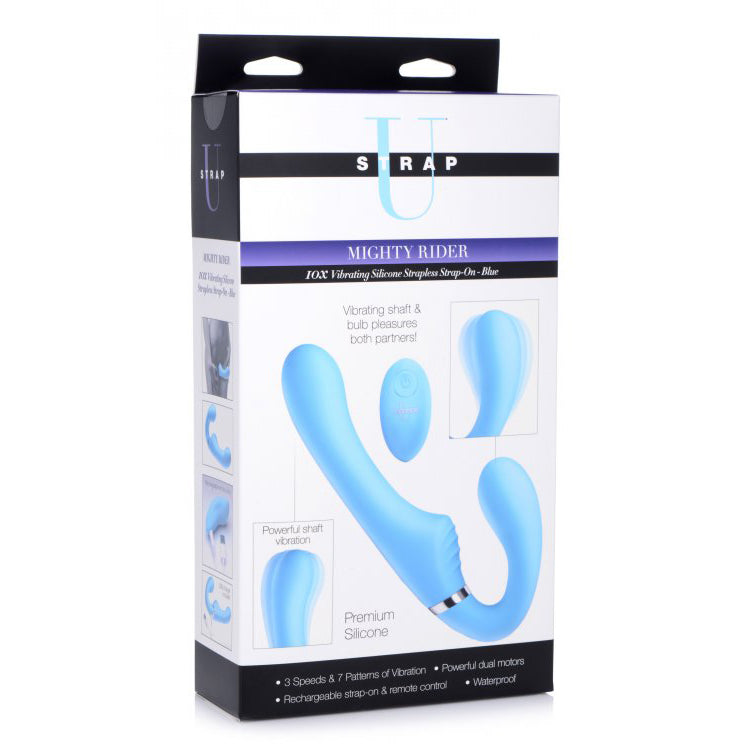 Strap U Mighty Rider 10X Vibrating Silicone Strapless Strap-On Blue | 848518039606 | Discreet Personal Wellness
