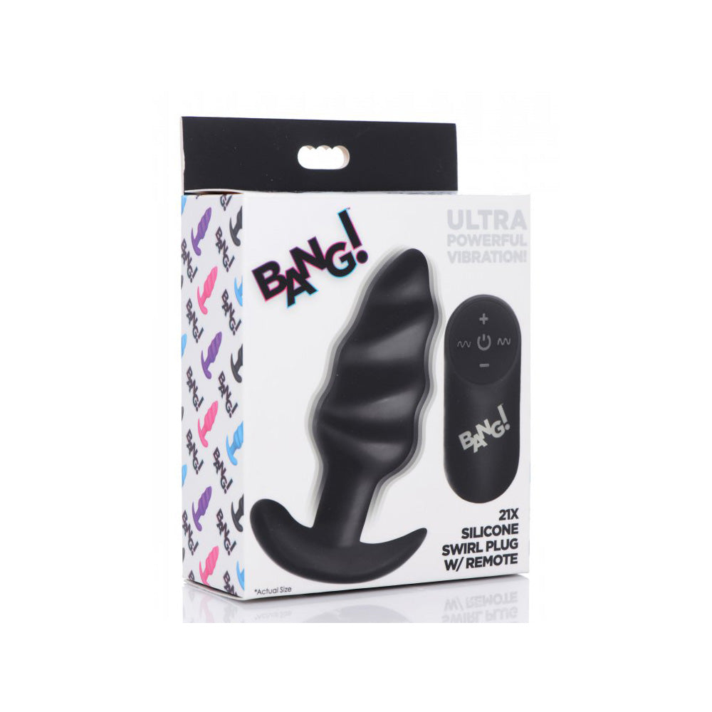 Bang! 21X Vibrating Silicone Swirl Butt Plug W/ Remote Control Black | 848518039729 | Discreet Personal Wellness