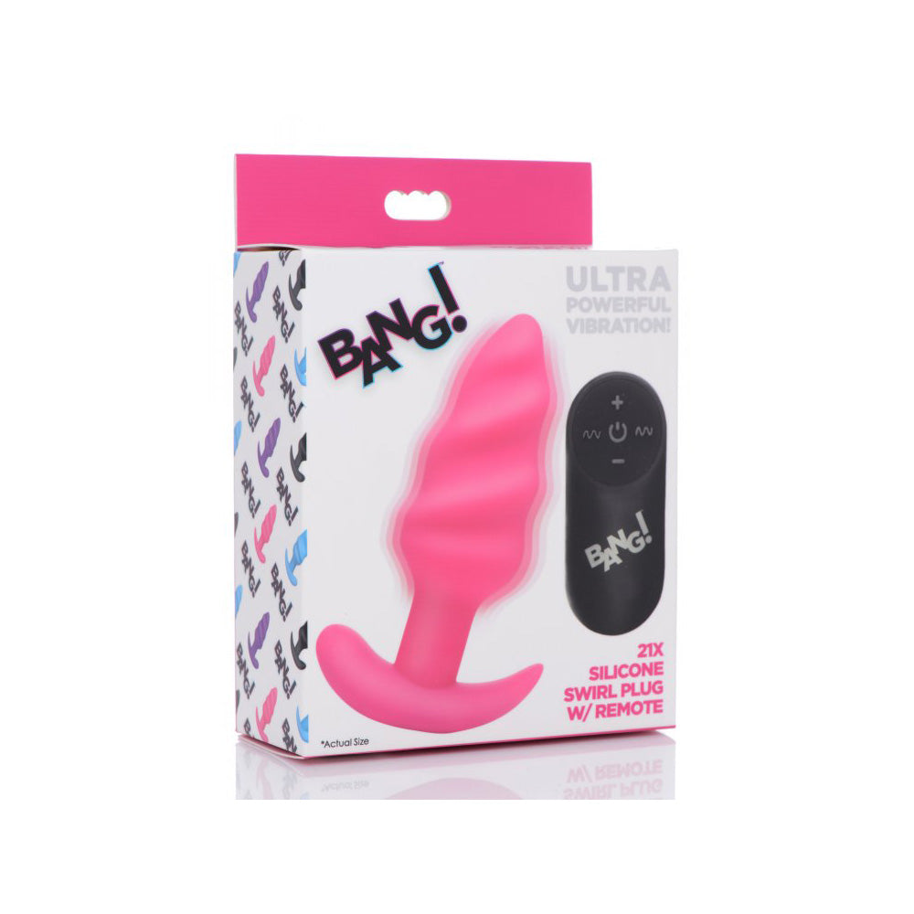 Bang! 21X Vibrating Silicone Swirl Butt Plug W/ Remote Control Pink | 848518039743 | Discreet Personal Wellness
