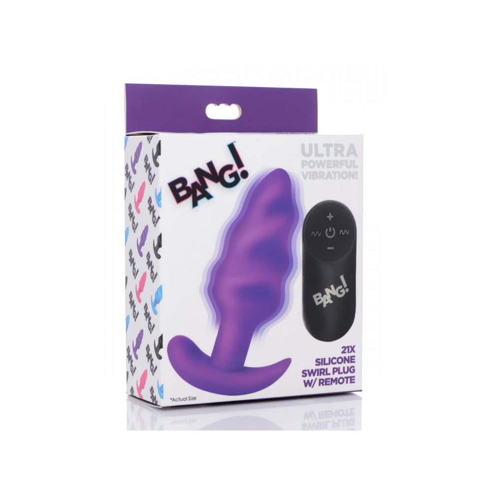 Bang! 21X Vibrating Silicone Swirl Butt Plug W/ Remote Control Purple | 848518039750 | Discreet Personal Wellness