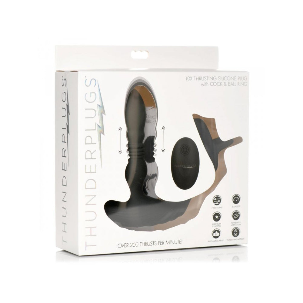 Thunder Plugs 10X Thrusting Silicone Vibrator W/ Penis & Ball Strap & Remote | 848518047564 | Discreet Personal Wellness