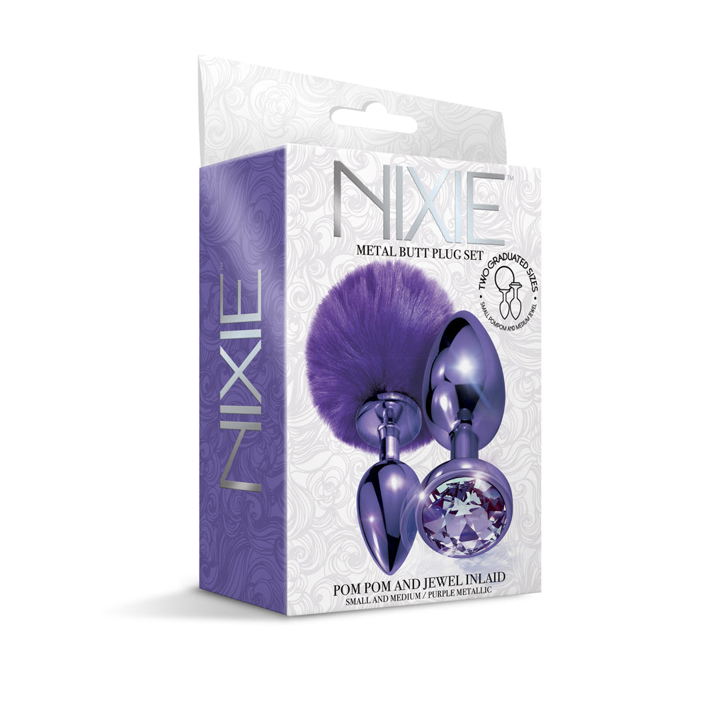 Nixie Metal Butt Plug Set Pom Pom And Jewel Inlaid Purple Metallic | 850010096803 | Discreet Personal Wellness