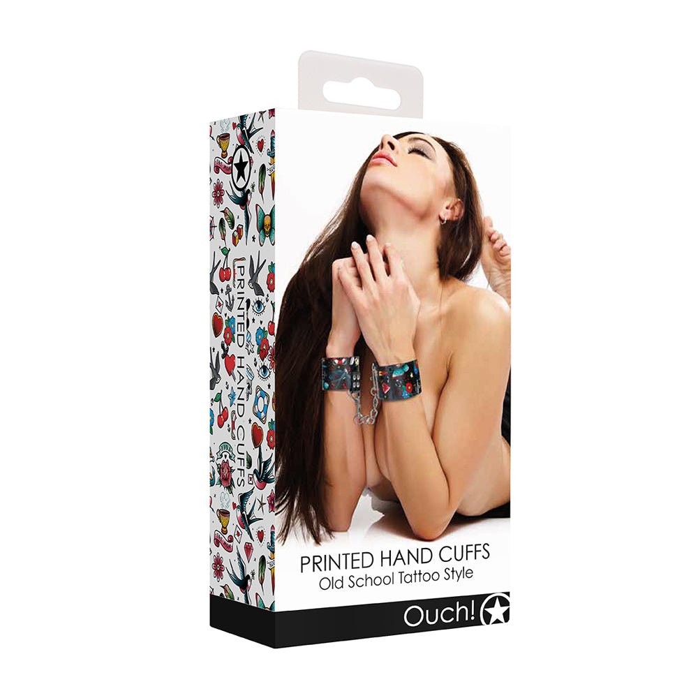Ouch! Printed Hand Cuffs Old School Tattoo Style Black | 8714273491633 | Discreet Personal Wellness