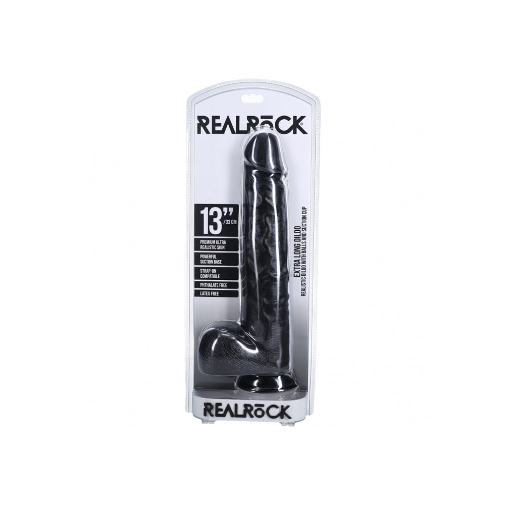 Realrock Extra Long Realistic Dildo With Balls 13" Black | 8714273505002 | Discreet Personal Wellness