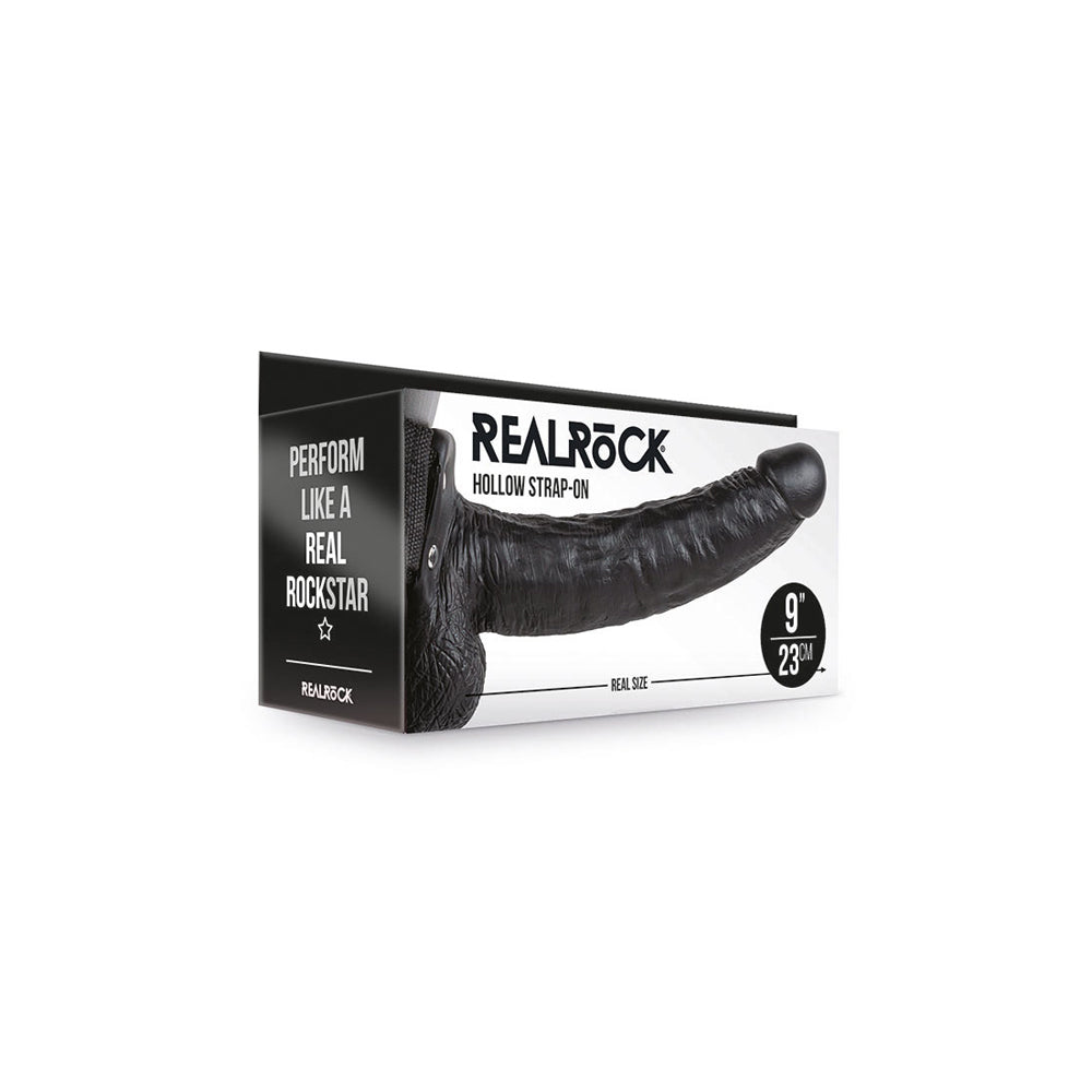 Realrock Hollow Strap-On With Balls 9" Black | 8714273520999 | Discreet Personal Wellness