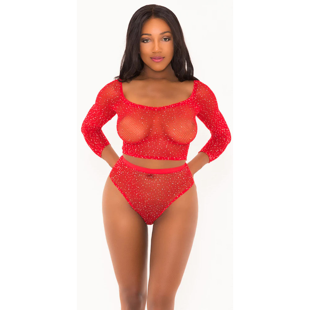 Rhinestone Crop Top With Matching Panty Red O/S | 8932134010070 | Discreet Personal Wellness