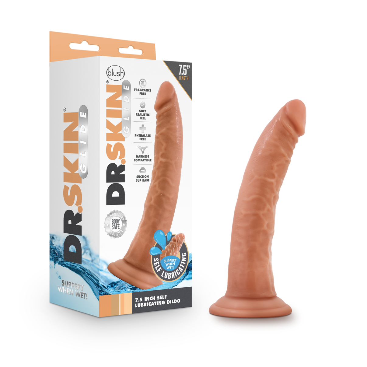 Dr. Skin Glide 7.5 Inch Self Lubricating Dildo - Mocha - | 819835027911 | Discreet Personal Wellness