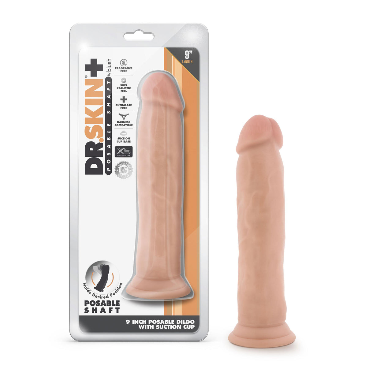 Dr. Skin Plus - 9 Inch Posable Thick Dildo - Vanilla | 819835028529 | Discreet Personal Wellness