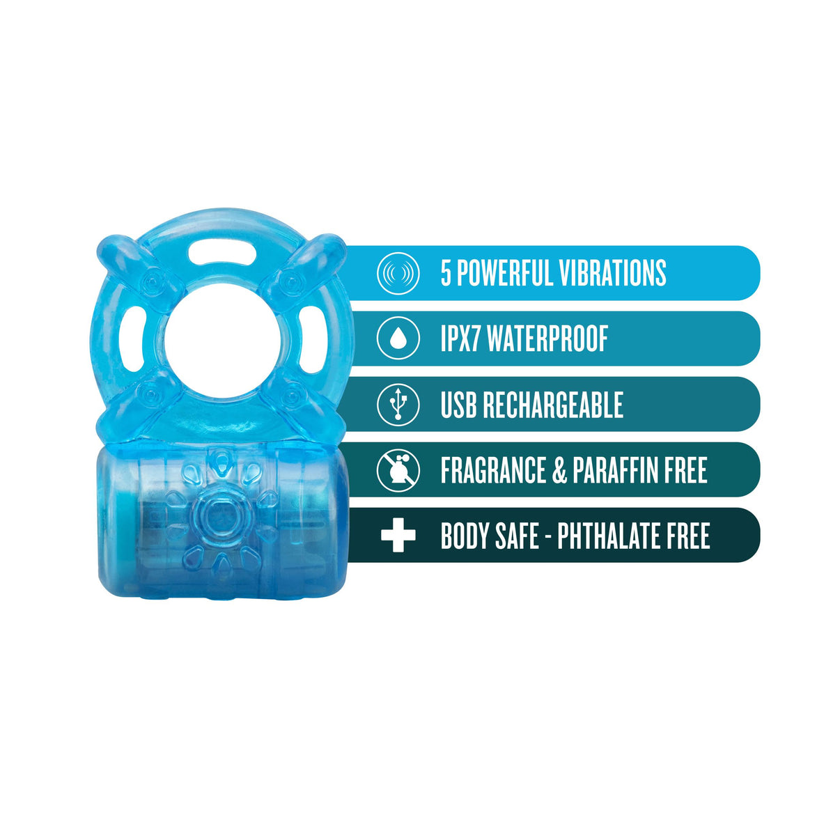 Stay Hard - Rechargeable 5 Function Penis Ring - Blue | 850002870404 | Discreet Personal Wellness