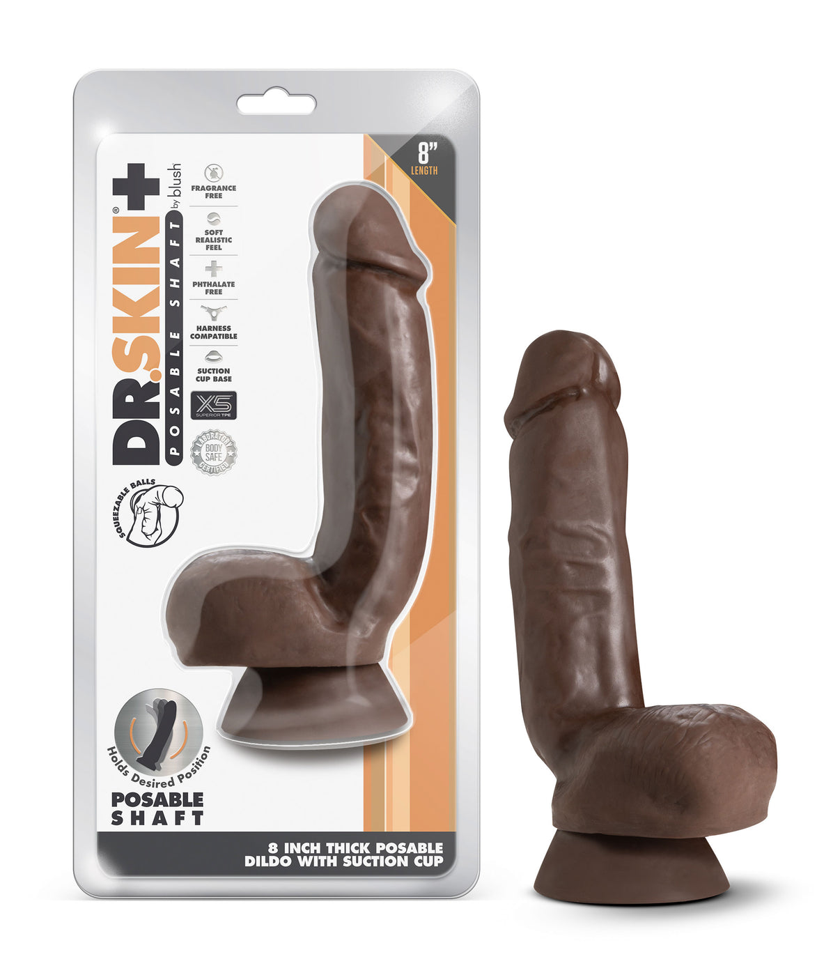 Dr. Skin Plus - 8 Inch Thick Poseable Dildo With Squeezable Balls - Chocolate | 819835028475 | Discreet Personal Wellness